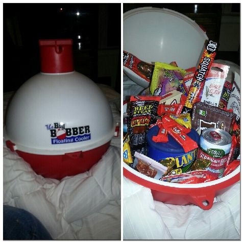 My easter basket for the hubby. A floating cooler filled with bud light margaritas, candy, jerky, and fishing tackle Fishing Easter Basket For Men, Tackle Box Easter Basket, Birthday Presents For Guys, Gifts For Boyfriend Fishing, Donation Baskets, Grateful Gifts, Boyfriend Easter Basket, Presents For Guys, Diy Father's Day Gift Baskets