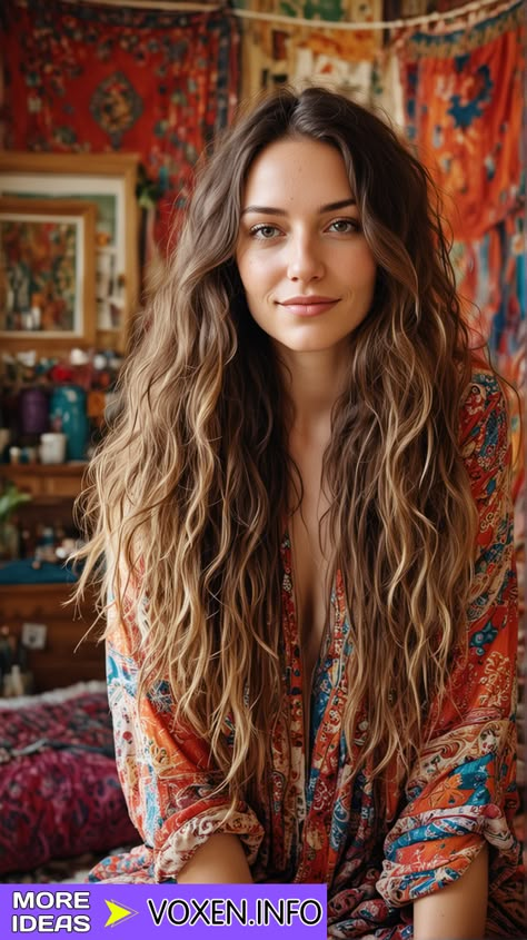 23 Stylish Side Bangs for Long Hair: Romantic, Bridal, and Futuristic Styles Wavy Boho Hair, Long Side Bangs Curly Hair, 70s Boho Hair, Boho Hair With Bangs, Long Hair Length, Bangs Long Hair Wavy, Wavy Hair Long Bangs, Boho Waves Hair, Wavy Hair Cuts Long