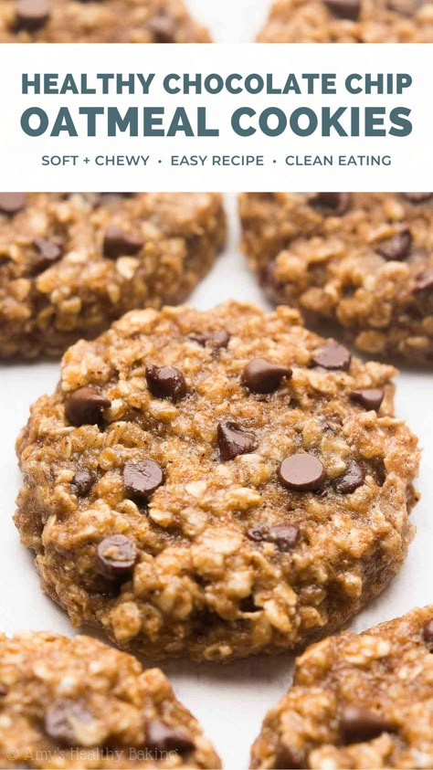 Low Fat Oatmeal Cookies, Oatmeal Chocolate Chip Cookies Healthy, Low Calorie Chocolate Chip Cookies, Chocolate Chip Cookies Recipe Chewy, Healthy Oatmeal Chocolate Chip Cookies, Easy Healthy Oatmeal, Healthy Baking Ideas, Cookie Recipes Peanut Butter Oatmeal, Easy Healthy Cookies