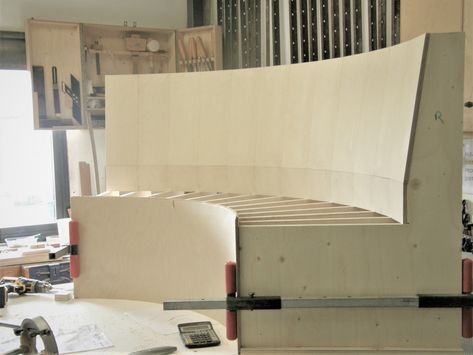 Making a bespoke curved banquette seat at David Haugh - David Haugh Curved Banquette Seating Dining Room, Diy Curved Banquette Seating, Floating Banquette Seating, Curved Bench Seating, Banquette Seating Dining Room, Curved Banquette Seating, Diy Banquette Seating, Banquette Seating Diy, Diy Banquette