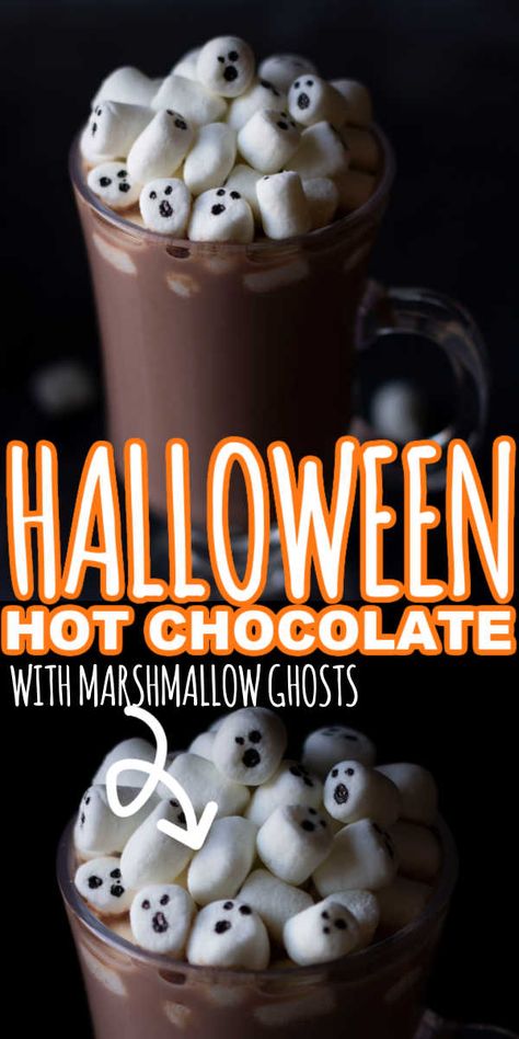 Halloween hot chocolate is the perfect after trick-or-treating treat for the kids! For this fun Halloween treat you are going to make adorable ghosts out of marshmallows and then add them to the most amazing homemade hot chocolate. This Halloween hot Chocolate is the perfect fun Halloween drink for kids! Halloween Hot Chocolate Station, Ghost Chocolate Milk, Hot Chocolate Bar Halloween, Halloween Hot Cocoa Bar, Halloween Hot Chocolate Bar, Halloween Drink For Kids, Ghost Marshmallows, Chocolate Halloween Treats, Marshmallow Ghosts