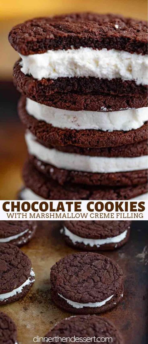 Chocolate Sandwich Cookies that are rich and chewy with a creamy marshmallow filling just like from your favorite bakery! #cookie #chocolate #sandwichcookie #dessert #baking #christmas #dinnerthendessert Cookies Marshmallow, Marshmallow Filling, Chocolate Marshmallow Cookies, Smores Dessert, Dinner Then Dessert, Cookie Sandwich, Sandwich Cookie, Marshmallow Cookies, Yummy Deserts