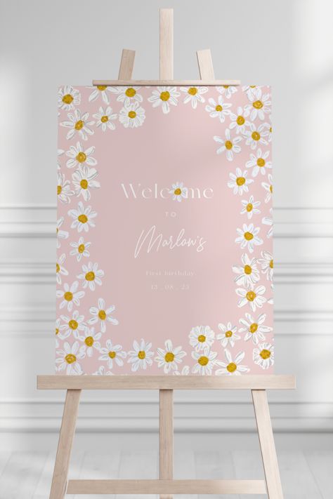 Daisy party Welcome Sign template with hand drawn floral illustration. You can easily change the wording to suit your party, designed by Paper Harts co Daisy Boho Birthday, Daisy Party, Birthday Welcome Sign, Party Welcome Sign, Hand Drawn Floral, Welcome Sign Template, Boho Party, Drawn Floral, Boho Birthday