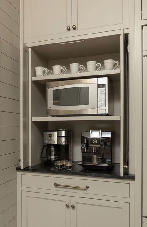 Oven And Coffee Station, Appliance Garage For Microwave, Kitchen Cabinet Microwave Storage, Kitchen Built In Hitch, Coffee Bar And Microwave Station, Coffee And Microwave Cabinet, Microwave Station Ideas, Microwave And Coffee Cabinet, Coffee Microwave Toaster Station