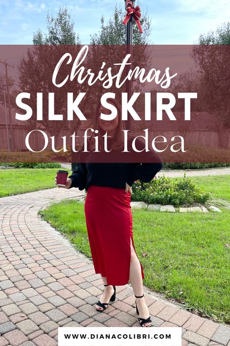 Tis' the Season for fun festive outfits! Check out the post for inspiration on how to style a silk skirt for Christmas! Slip Skirt Holiday Outfit, Satin Skirt Outfit Christmas, Satin Skirt Christmas Outfit, Red Silk Skirt Outfit, Style A Silk Skirt, Red Satin Skirt Outfit, Red Silk Skirt, Red Satin Skirt, Slip Skirt Outfit