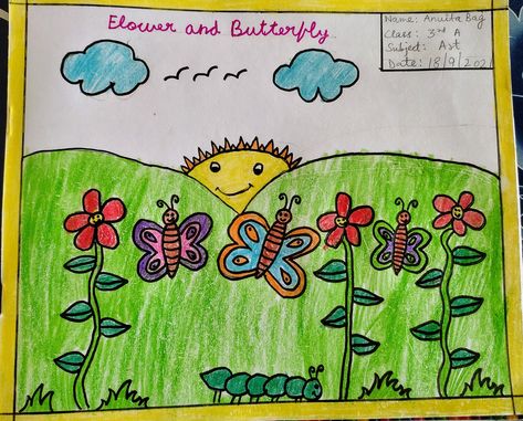 A beautiful garden with flowers and butterflies Butterfly Garden Drawing, Garden Drawing For Kids, Scenery Flowers, Garden With Flowers, Drawing Kids, Garden Drawing, Flowers And Butterflies, Crochet Bookmarks, Butterfly Garden