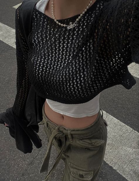 Black Net Top, Mesh Top Outfit, Mesh Sweater, Sheer Sweater, Girl Fits, July 11, Fashion Sketches, Aesthetic Outfits, Edgy Fashion