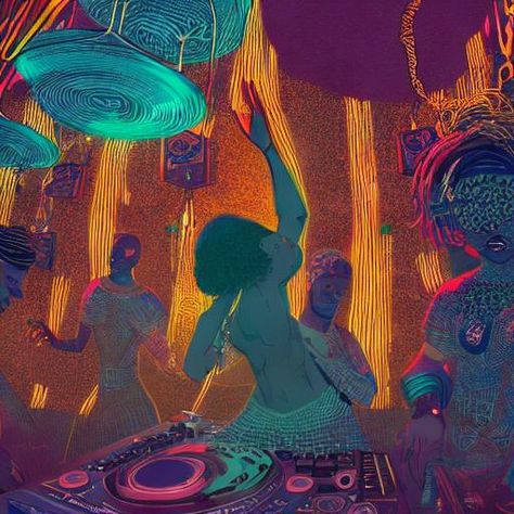 dj set at a bar, a godess dancing afro beats, epic scene, by victo ngai, kilian eng vibrant colours, dynamic lighting, digital art, winning award masterpiece, fantastically beautiful, illustration, aesthetically inspired by beksinski and dan mumford, trending on artstation, art by greg rutkowski, 8 k Afrocentric Music Art, Neo Soul Art, Indian Music Aesthetic, Afro Music Aesthetic, Afro Beats Aesthetic, Lighting Digital Art, Kilian Eng, 2025 Moodboard, Afro Beats