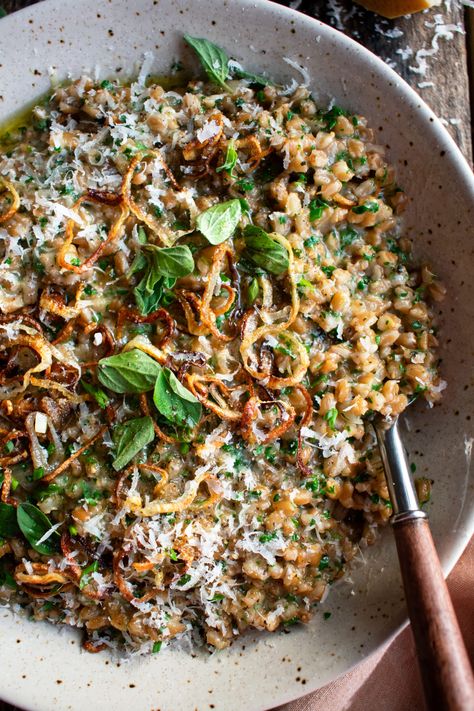 Farro And Asparagus Recipes, Winter Risotto Recipes, Farro Risotto, The Original Dish, Farro Recipes, Crispy Shallots, Veggie Meals, One Pot Dinners, Anniversary Dinner