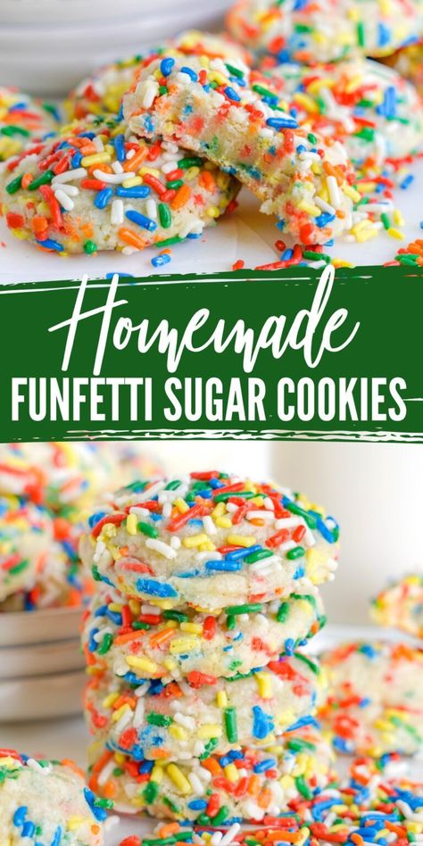 Funfetti Sugar Cookies! Easy Funfetti Cookies without Cake Mix! This sugar cookie based recipe is the perfect Funfetti Cookie for any occasion! Homemade Funfetti Cookies are SO much fun and I love making them for birthday parties and special occasions! #lemonpeony #funfetticookies #sugarcookies #cookierecipe #partycookies Funfetti Dessert Recipes, Funfetti Recipes, Funfetti Sugar Cookies, Cookie Base Recipe, Sugar Cookies From Scratch, Strawberry Sugar Cookies, Funfetti Cookies, Christmas Sweet Treats, Sugar Cookie Recipe Easy