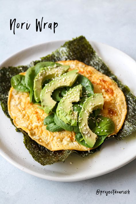 This easy Nori Wrap acts as a great breakfast or easy lunch option. Incorporating the health benefits of seaweed, with a healthy and nutritious meal, enjoy this delicious nori wrap recipe.  #seaweed #nutrition #recipe #healthyrecipe #nutritionist #recipedeveloper #breakfastinspo #breakfastidea #savourybreakfast Egg And Seaweed, Seaweed Meal Ideas, Keto Nori Wrap, Seaweed Recipes Wraps, Nori Recipe Ideas, Nori Wraps Recipes, Seaweed Breakfast, Seaweed Wraps Recipes, B12 Recipes