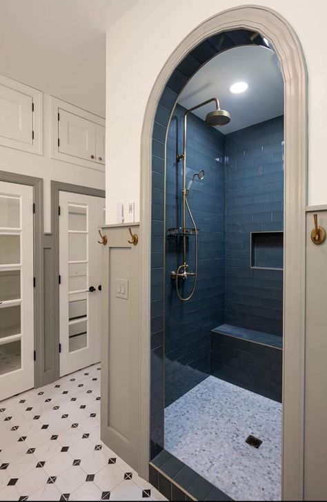 Master Shower Walk In No Door, Alcove Walk In Showers, Closed Shower Walk In, Hidden Shower In Powder Room, Pass Through Closet To Bathroom, Arch Shower Entry, Enclosed Shower Ideas, Arched Shower Door, Shower Cove