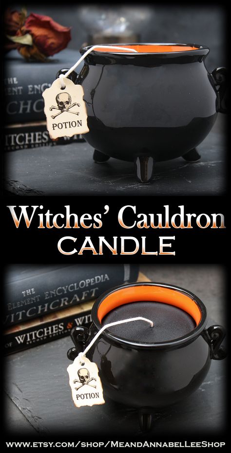 Diy Spooky Candles, Candle Mug, Halloween Candle Ideas, Goth Candle, Cauldron Candle, Goth Candles, Black Cauldron, Candle Halloween, Homemade Scented Candles