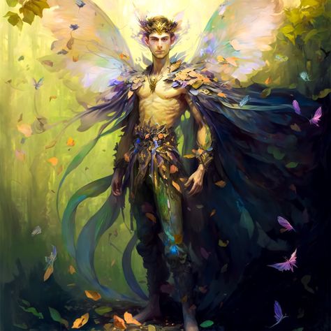 Fairy King Fantasy Art, Male Pixie Fantasy Art, Fairy Costume Men, Fey Prince, Male Fairy Aesthetic, Male Fairy Art, Fairy Warlock, Oberon Fairy King, Fae Character Design Male