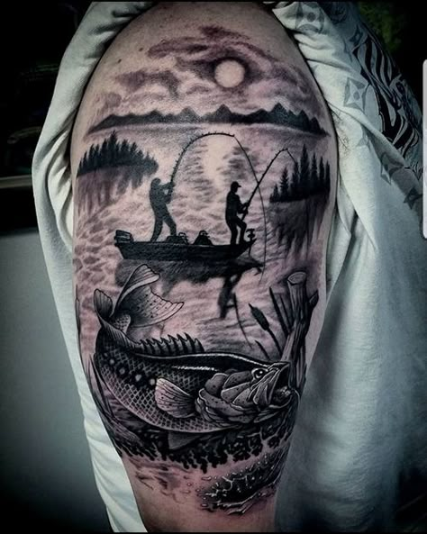 Bass Fishing Tattoos, Tattoo Designs For Guys, Fisherman Tattoo, Bass Fishing Tattoo, Fishing Tattoos, Grandpa Tattoo, Fly Fishing Tattoo, Fishing Tattoo, Hunting Tattoos