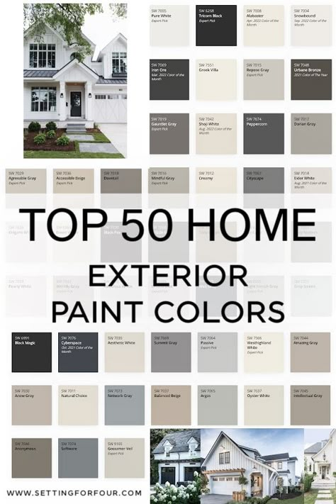 Top 50 Exterior Home Paint Colors From Sherwin Williams Exterior Stucco House Colors, Modern Transitional Exterior, Home Exterior Siding, Exterior Home Paint Colors, Modern Transitional Farmhouse, Exterior Paint Sherwin Williams, Stucco House Colors, Brick Paint Colors, Exterior Paint Color Combinations