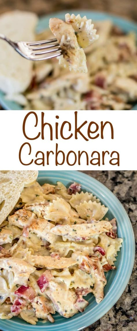 Try the Best Chicken Carbonara recipe with Bacon, chicken and creamy cheesy pasta perfection! An easy way to create a gourmet chicken dinner the entire family will enjoy, with or without Peas, you decide! Carbonara Recept, Chicken Carbonara Recipe, Chicken Carbonara, Resep Pasta, Gourmet Chicken, Resep Salad, Carbonara Recipe, Pasta Carbonara, Cheesy Pasta