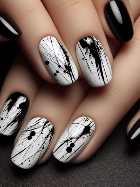 A minimalist black and white nail design with abstract brush strokes and splatters, creating a dynamic and artistic effect Black And White Gel Nail Designs, Black And White Nail Design, Nail Art Abstract, White Nail Design, Artist Nails, Black And White Nail, Splatter Nails, Black And White Nail Designs, Black And White Nail Art