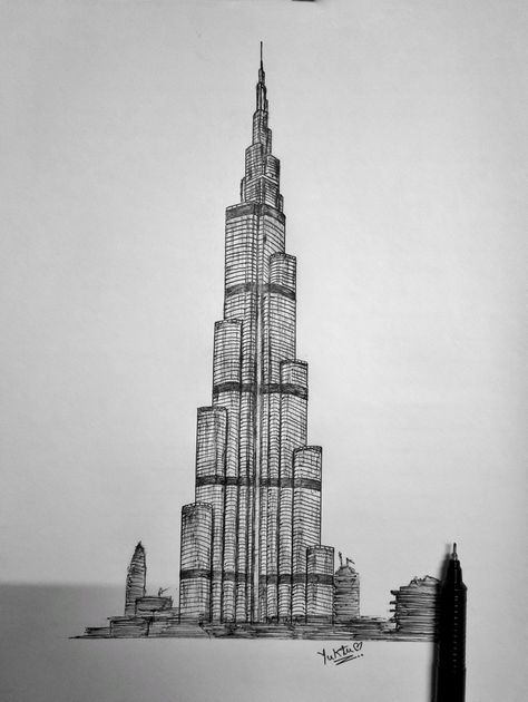 Burj Khalifa Dubai Pen Sketch How To Draw New York, Dubai Drawing Sketch, Architecture Sketch Simple Building, Burj Khalifa Sketch, Building Sketch Simple Architectural Drawings, Burj Khalifa Drawing, Building Drawing Architecture Sketches, Dubai Sketch, Amoled 4k Wallpaper Dark