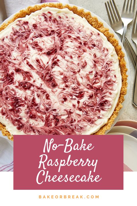 No-Bake Raspberry Cheesecake is a no-fuss dessert made with the most delicious cheesecake filling swirled with raspberry preserves. A great recipe for an easy-to-make dessert! - Bake or Break #cheesecake #nobake #raspberry Cheesecake Starbucks, No Bake Raspberry Cheesecake, Recipe For Meatloaf, Raspberry No Bake Cheesecake, Bake Cakes, Raspberry Preserves, Baked Cheesecake Recipe, Wedding Cake Recipe, Easy To Make Desserts