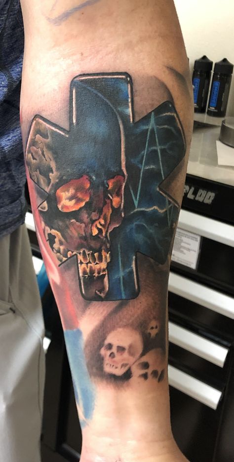 Paramedic Tattoo, Ems Tattoos, Firefighter Tattoo, Medical Tattoo, Emergency Response Team, Wicked Tattoos, Tyler Texas, Fire Tattoo, Tattoos Skull