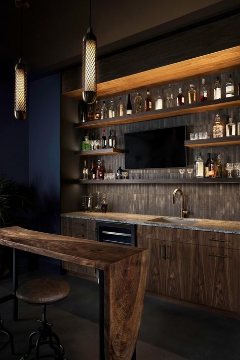 Wet Bar With Floating Shelves, Bar Ideas Outdoor, Basement Lounge Ideas, Bar With Floating Shelves, Drinks Area, Bar Booth, Tv Wall Idea, Bar Outdoor Design, Modern Home Bar Designs