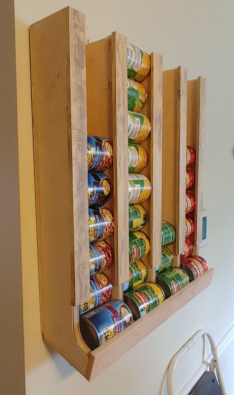 This 4 row can storage rack is great to help free up space in your cabinets for other things.  It is designed to hold 36 standard size food cans. Made from cabinet grade birch plywood.  Comes with hanging hardware. Size is 24"w x 26"t. Canned Good Storage, Home Decorating Ideas Living Room, 4h Projects, Can Food, Dog Feeding Station, Escape Room Puzzles, Canned Food Storage, Pantry Remodel, Can Storage