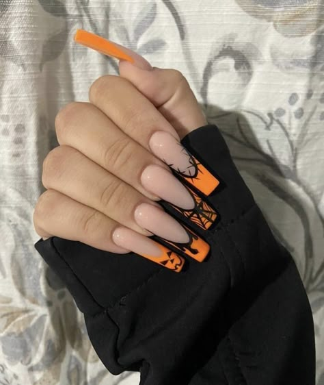 Black Acrylic Halloween Nails, Holloween Nails 2022 Long, Halloween Nail Designs Acrylic Coffin Long, Halloween French Tip Nails Coffin, Cute Acrylic Nails Halloween, Halloween Acrylic Nails Long, Cute Halloween Nails Coffin, October Nails Halloween Purple, Black Acrylic Nails Halloween