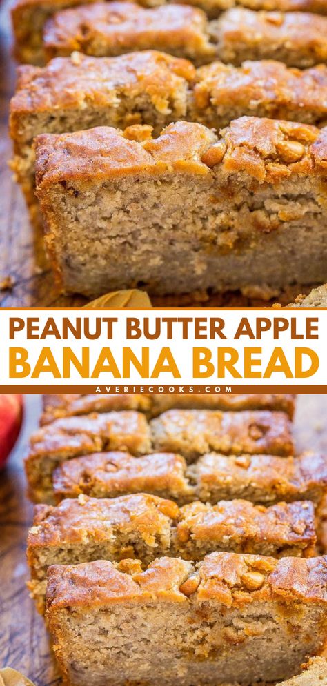 Turn to this apple recipe for an amazing loaf of quick bread! You only need one bowl for this easy fall recipe. Super soft and moist with the perfect combo of flavors, this Peanut Butter Apple Banana Bread is the BEST! Banana Bread Recipe Peanut Butter, Banana Pepper Bread, Easy Peanut Butter Banana Bread, Banana And Apple Bread, Apple And Banana Bread, Banana And Apple Recipes, Apple Banana Recipes, Bread Flavor Ideas, Pb Banana Bread