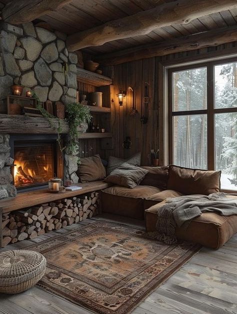 Cozy Rustic Aesthetic, Living Room Designs Cabin, Log Cabin Fireplace Ideas, Mountain Cabin Aesthetic Interior, Witchy Cabin Interior, Woodland Interior Design, Cozy Western Home, Galley Living Room, Cabin House Interior Design