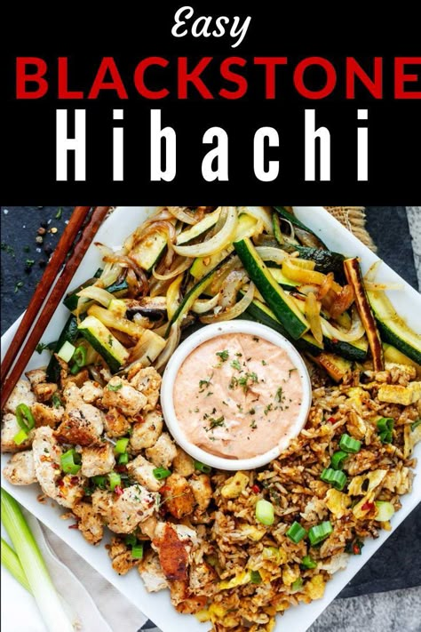 Get ready to bring the irresistible savory-sweet appeal of a Hibachi steakhouse right into your own kitchen with this Blackstone Hibachi Chicken recipe! With tender chicken and veggies, perfectly seasoned and seared to perfection on the powerful heat of a Blackstone flat-top griddle, it is a crave-worthy meal you will make again and again. I’ll show you how to recreate the whole Hibachi experience at home, complete with the fun of cooking outdoors. Blackstone Habatchi, Blackstone Habatchi Recipe, Blackstone Habatchi Vegetables, Dinner On Flat Top Grill, Hibachi Veggies On Blackstone, Chicken Habatchi Blackstone, Hibachi Chicken Fried Rice On Blackstone Griddle, Easy Hibachi Recipes Blackstone, Hibachi Pork Recipes