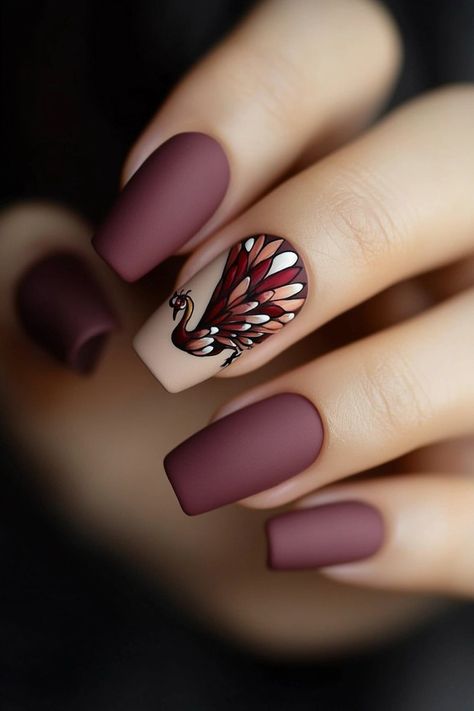 14 Turkey Nail Designs That Are Perfect For Thanksgiving Pink Turkey Nails, Burgundy Thanksgiving Nails, Fall Thanksgiving Nails Design, Blue Thanksgiving Nails, Thanksgiving Nails Turkey, Thanksgiving Nails Coffin, Gel Nails Ideas Fall, November Nails Acrylic, Turkey Nail Designs