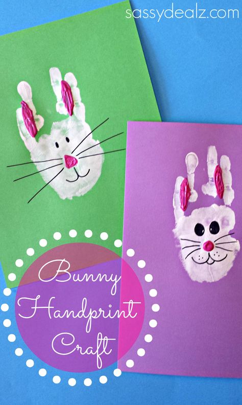 Bunny Rabbit Handprint Craft For Kids (Easter Craft for Kids Idea) | CraftyMorning.com Bunny Handprint, Easter Art Project, Easter Craft Projects, Easter Crafts For Toddlers, Fun Easter Crafts, Footprint Crafts, Easy Easter Crafts, Handprint Craft, Handprint Crafts