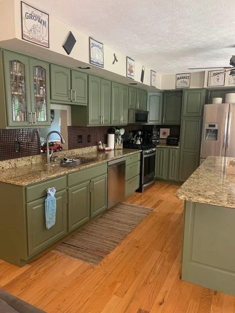 Olive Green Kitchen Design, Olive Green Cabinets Kitchen, Green Cabinets Kitchen, Doublewide Remodel, Berm House, Swamp House, Hunt House, Green Cabinet, Redo Kitchen Cabinets