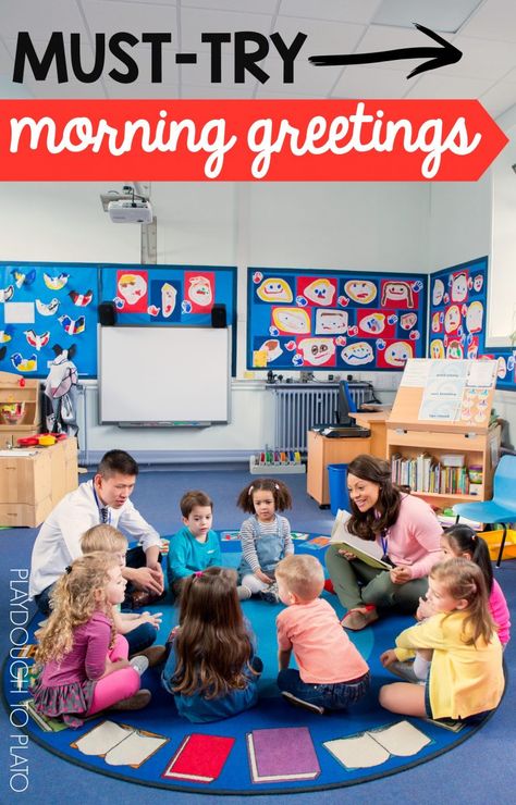 Must-try morning greetings for preschool and kindergarten. So many fun circle time ideas! The Rainbow Fish, Circle Time Songs, Circle Time Activities, Preschool Circle Time, Morning Songs, Responsive Classroom, Preschool Music, Preschool Songs, Kindergarten Class