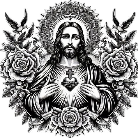 Jesus’ Heart of Compassion: A Sacred Coloring Page - https://www.tocolorme.com/?p=13643&utm_source=SocialAutoPoster&utm_medium=Social&utm_campaign=Pinterest Meaning Full Tattoos, Sacred Heart Devotion, Female Samurai Art, Beautiful Angel Tattoos, Jesus Tattoo Design, Latin Tattoo, Gospel Art, Jesus Coloring Pages, Biblical Artwork