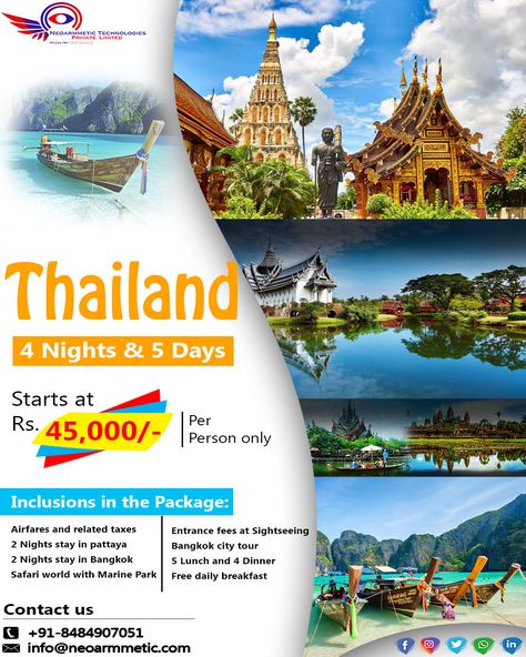 Book your Thailand tour package at best price with Neoarmmetic. . . . . . #ThailandTourism #thailandtour #thailand #neoarmmetic #thailandshopping #thailandinstagram #thailandtravel #thailand2020 #thailandtrip #Thailandfantastic #thailandfood #thailandinsider #Thailandgram #thailandshop #thailandismagic #thailandsky #thailandbeach #thailandphoto #thailandphotography Tour Package Poster, Tour Packages Design, Travel Brochure Design, Thailand Tour, Event Booth Design, Thailand Vacation, Thailand Trip, Bangkok City, Thailand Holiday