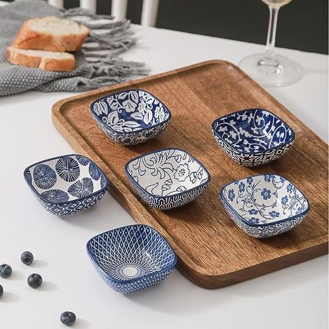 Selamica Ceramic 2.6 OZ Square Dipping Bowl Set, Soy Sauce Dish 3 inch Small Bowls for Ketchup Condiments Side Dish BBQ, Ramekins Oven safe, Stackable, Set of 6, Vintage Blue Ceramic Square, Sushi Bowl, Bbq Set, Japanese Bowls, Pasta Bowl Set, Soup Bowl Set, Geometry Pattern, Mini Bowls, Ceramics Ideas