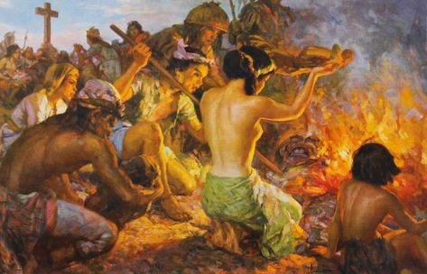 Burning of the Idols (1952) by Fernando Amorsolo Fernando Amorsolo, Philippine Mythology, Philippine Map, Filipino Art, Philippine Art, Buddha Art Painting, Filipino Culture, History Painting, Historical Painting