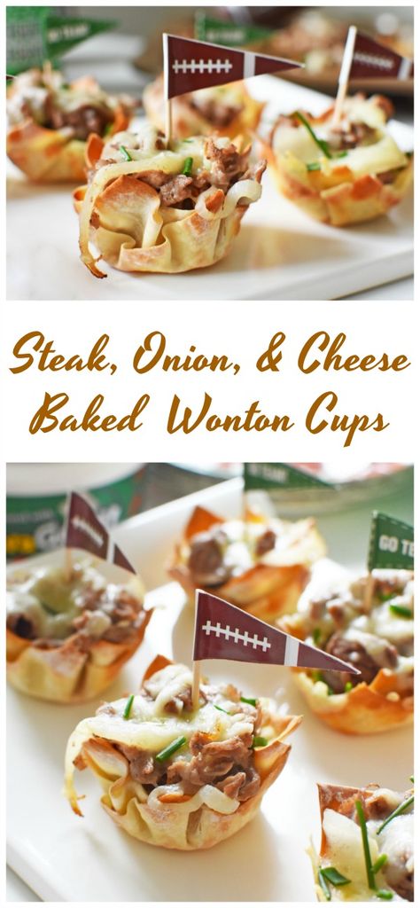 Steak, Onion, and Cheese Wonton Cups- via @savvysavingcoup #ChipsDipsandTips #Ad @HeluvaGood Steak And Cheese Appetizer, Phyllo Cheese Steak, Philly Cheese Steak Wontons, Appetizer Recipes Wonton Cups, Caesar Salad Wonton Cups, Wonton Breakfast Recipes, Wonton Cups Appetizers, Wonton Wrapper Recipes, Wonton Cups