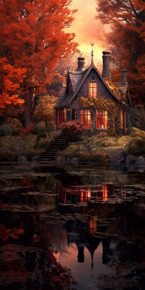 Fall Victorian House, Autumn Fantasy Aesthetic, Fall Scenery Autumn Scenes, Fantasy Autumn, Thanksgiving Pics, Autumn Cabin, Autumn Gardening, Fall Scenes, Autumn House