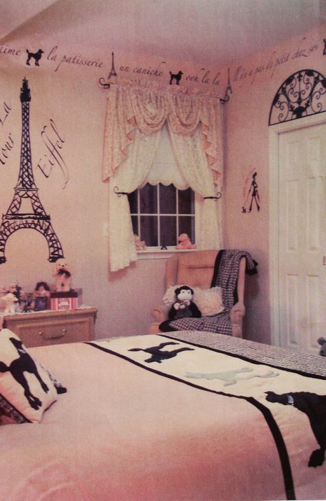 Child's room done in a "poodles in Paris" motif Poodle Nursery, Paris Bedding, Paris Themed Bedroom, Paris Pink, Romantic Paris, New Room Ideas, Paris Themed, Pink Poodle, Themed Bedroom