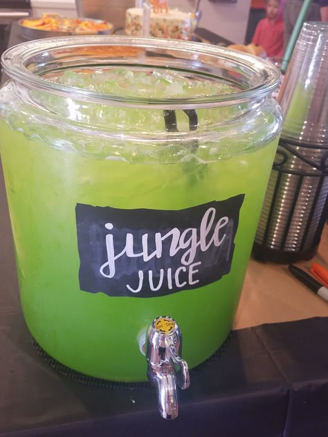 Green juice great for a jungle themed party. Made from green Hawaiian Punch, 2 liter of Sprite and two cans of pineapple juice. Juice For Kids, Jungle Themed Party, Hawaiian Punch, Jungle Juice, Jungle Party, Green Juice, Pineapple Juice, Themed Party, Juice