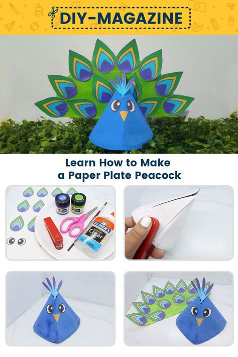 Learn How to Make a Paper Plate Paper Peacock Paper Plate Peacock Craft, Paper Plate Bird, Things To Craft, Peacock Crafts, Peacock Ornaments, Paper Plate Craft, Puppet Crafts, Beautiful Peacock, Diy Magazine