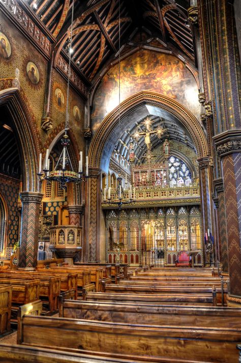 The beautiful interior of the Church of Saint Giles in Cheadle, Staffordshire, England considered to be the masterpiece of A.W.N. Pugin Saint Giles, Catholic Churches, St Giles, Beautiful Churches, Cathedral Architecture, Sacred Architecture, Church Interior, Religious Architecture, Old Churches