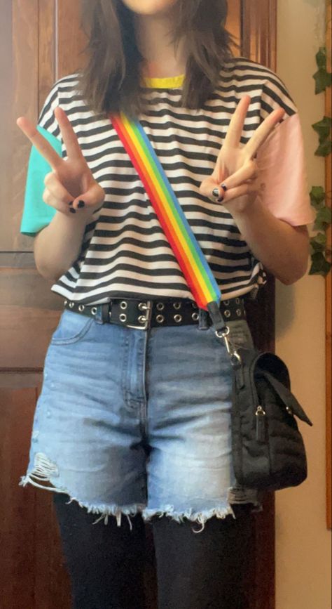 I made this with the intent for it to be like a summer fit, and ended up wearing the pan flag and pride flag sooo hehe Pan Flag, Flag Outfit, Pride Flag, Pride Flags, Summer Outfit, Denim Skirt, Summer Outfits, Flag, Wardrobe