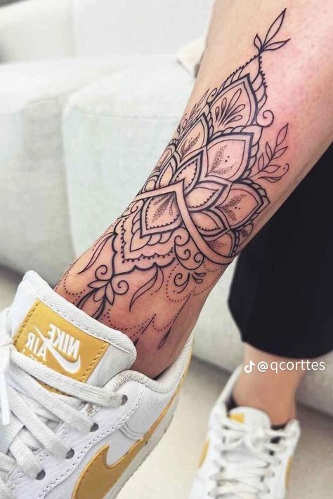 Shin Tattoos For Women Ideas, Mandala Shin Tattoo, Shin Tattoos For Women, Ankle Tattoos For Women Mandala, Tattoos For Women Mandala, Front Ankle Tattoos, Tattoo Cuff, Mandala Foot Tattoo, Shin Tattoos