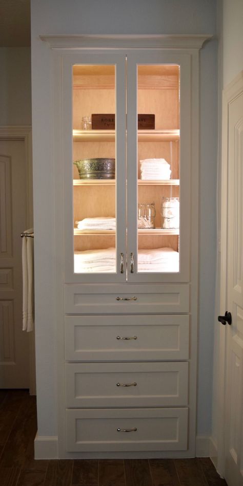 Inside Cabinet Lighting, Bathroom Linen Closet, Inside Cabinet, Glass Shelves In Bathroom, Built In Cabinet, Bathroom Remodel Pictures, Bathroom Linen Cabinet, Inside Cabinets, Bathroom Remodel Ideas