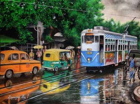 Kolkata Tram Photography, Kolkata Illustration Art, Kolkata City Drawing, Kolkata Tram, Kolkata Painting, Subject Drawing, Kolkata City, Classroom Pictures, Village Art