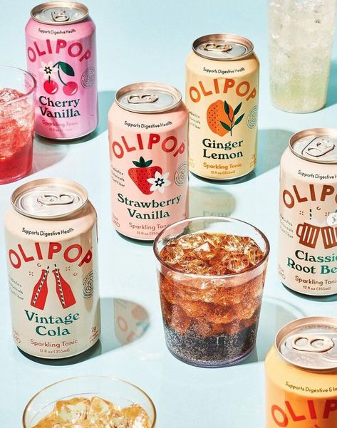 Oli Pop, Salsa Photography, Kombucha Photography, Olipop Soda, Matcha Branding, Drinks Branding, Vintage Cola, Healthy Soda, Fun Summer Drinks